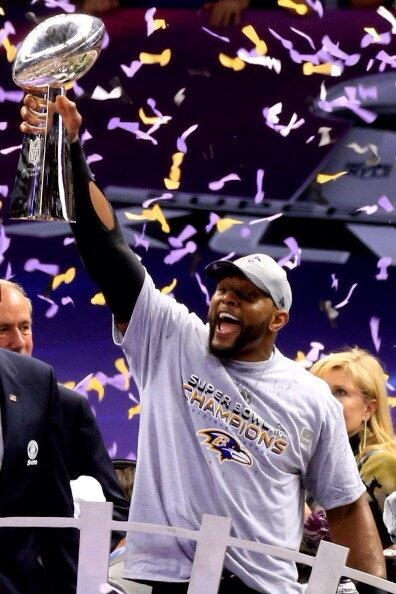 Ray Lewis, from The [[_]] hoists the Lombardi Trophy for the second time in his last NFL game.